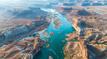 Create an aerial view photograph capturing the Colorado River, Lake Powell, and Trachyte Canyon from above. Highlight the intricate details of the river and canyon landscape, showcasing the dramatic g