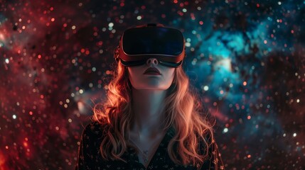 Poster - Virtual reality goggles wearing woman in space, stock image