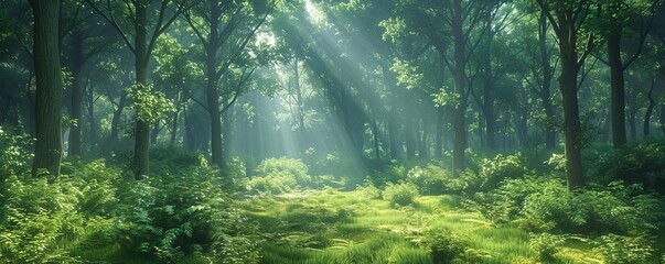 Dense green woodland areas with sunlight filtering through, forest tranquility, natural haven