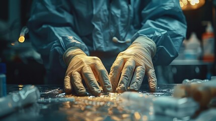 Wall Mural - Close-up of a surgeon's hands as they carefully perform a delicate procedure.