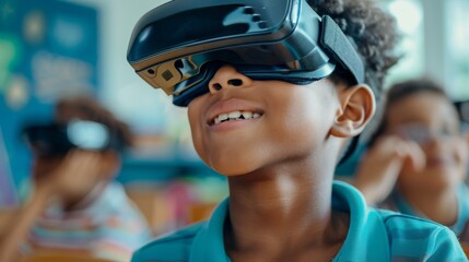 Poster - A smiling african american schoolboy stands in a virtual reality simulator against generative AI while wearing VR glasses