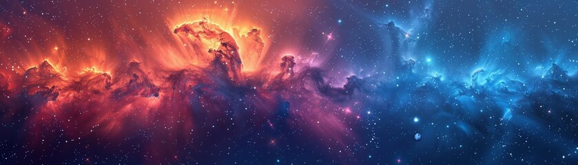 Wall Mural - Stunning panoramic view of a colorful cosmic nebula, capturing the beauty of the universe with vibrant hues and sparkling stars in deep space.