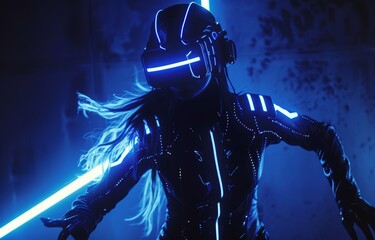 Sticker - An image with a beautiful woman with flowing hair in a futuristic dress against a dark background. The girl wears virtual reality glasses as part of an augmented reality concept. Augmented reality,