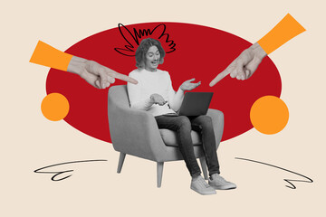 Leinwandbilder - Photo cartoon comics sketch collage picture of excited guy chatting modern device isolated graphical background