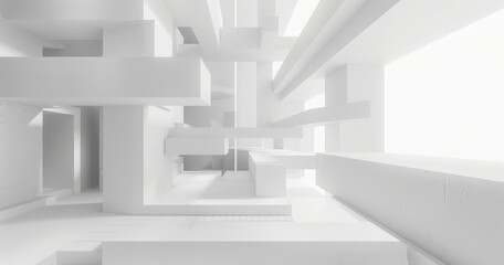 Canvas Print - 3D rendering of an abstract white architectural interior made of white cubes with large windows.