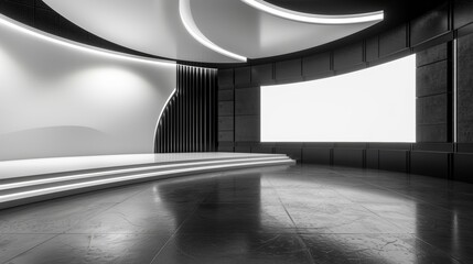 Poster - A white studio with a screen on the wall, a white background, and a white backdrop. A 3D rendering is shown.
