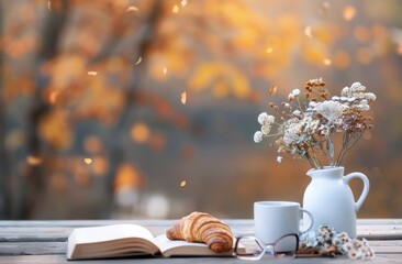 Poster - Autumn Table With Croissant and Flowers