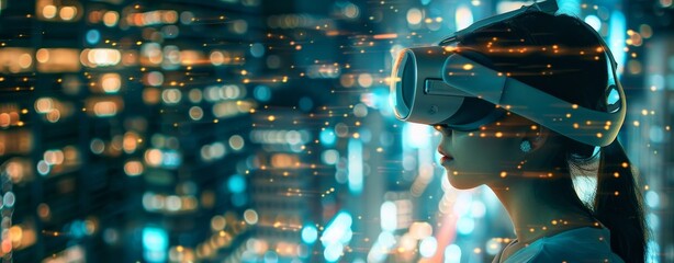 Poster - The woman is wearing a virtual reality headset or glasses. There is a panorama photo of her.