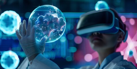 Poster - An augmented reality VR headset with hologram graphics is used by a futuristic researcher for viewing lab results and interacting with virtual reality.