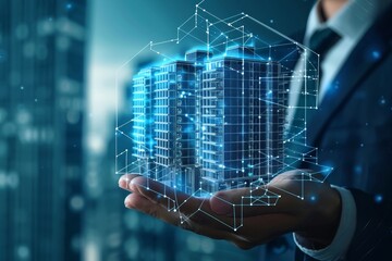 Poster - A businessman's hand with building construction digital wireless control technology.
