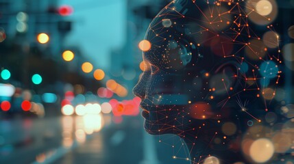 Poster - A concept of AI machine learning, in which a robot tries to deep-learn virtual information.