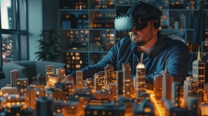 Poster - The future of technology concept showing a young man using a virtual reality headset in front of a cityscape.