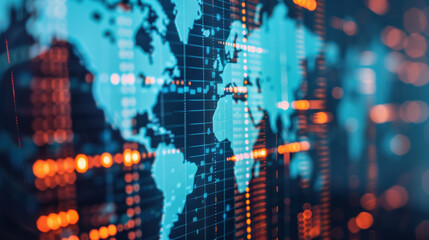Poster - Abstract digital world map with blue and orange glowing lights representing global communication networks and data flow in a futuristic technology concept.