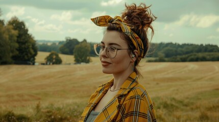 Stylish Woman Enjoying Countryside View in Autumn Season