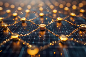 Aufkleber - Abstract network representation with golden nodes connected by chains on a grid background, symbolizing digital connectivity and blockchain technology.