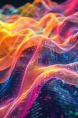 Poster - Vibrant abstract digital landscape with colorful waves and dynamic patterns, representing data visualization or futuristic technology. High tech.
