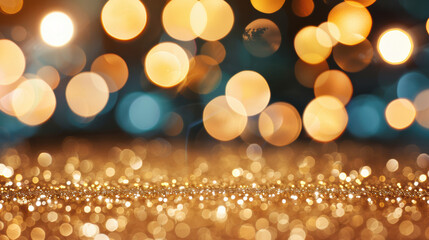 Poster - golden glitter bokeh lights background, perfect for festive, holiday, or celebration themed designs,