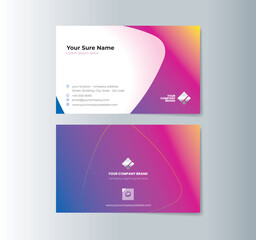 Wall Mural - A set of horizontal double-sided business card template designs with Illustration of white rounded triangles overlapping on a purple gradient background