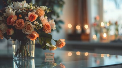 Aufkleber - A bouquet of pink and white roses sits in a glass vase on a clear glass table. The background features a blurred view of a window with candles and lights.