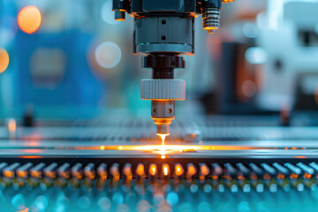 Poster - Close-up of a high-precision CNC laser cutting machine processing a sheet of metal in a modern industrial workshop with orange light.