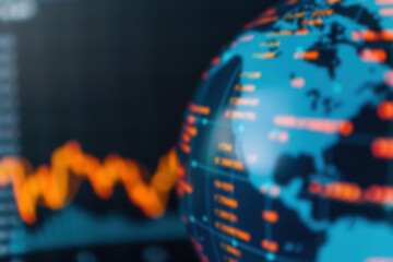 Poster - Blurred background of stock market graph with globe in focus. Global finance and investment concept. Closeup of financial data on screen.