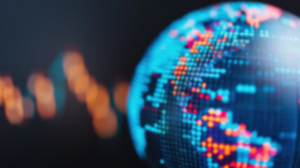 Poster - Blurred digital globe with colorful illuminated dots representing global connectivity and big data technology in a modern digital age.