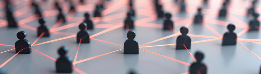 Poster - Abstract representation of a connected community with figures linked by glowing lines, symbolizing network, communication, and teamwork.