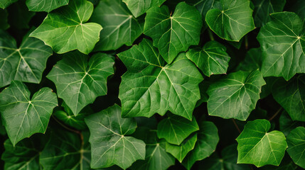 Wall Mural - A close-up view of lush, vibrant green ivy leaves, creating a beautiful natural texture and pattern, perfect for nature and background designs.