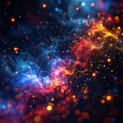 Poster - Vibrant cosmic energy with glowing particles and bright colorful lights creating an abstract and mystical background in a dynamic space scene.