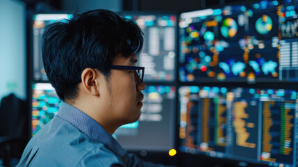 Poster -  of an individual analyzing data on multiple computer screens in a modern office setting, focusing on charts and analytics.