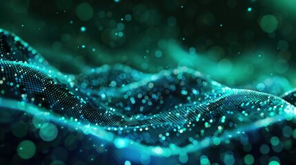Poster - Abstract digital landscape with glowing particles. Futuristic cyber network, data visualization, technology background. Green and blue color scheme.
