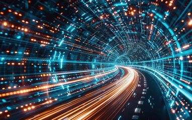 Poster - Futuristic technology concept showing a high-speed data transfer tunnel with vibrant lights and digital elements, illustrating fast communication.