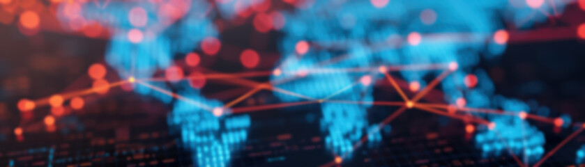 Poster - Abstract digital world map with glowing network connections and data points, representing global communication and technology solutions.
