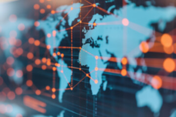 Poster - Abstract digital world map connected by nodes and lines, highlighting global communication and network technology.
