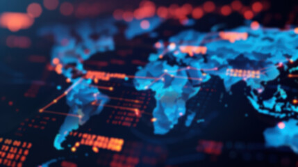 Poster - A digital world map with glowing points and lines representing global connectivity and data exchange, illustrating modern technology and network communication.