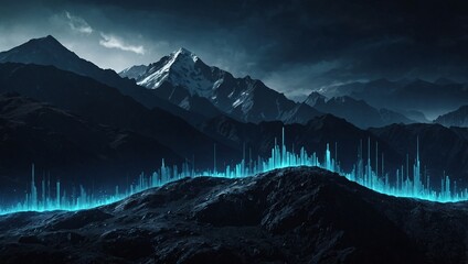 Wall Mural - Advanced mountain background with glowing tech elements. Binary lighting landscape wallpaper. High contrast