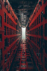 Low angle view of the exterior of a red color old flat