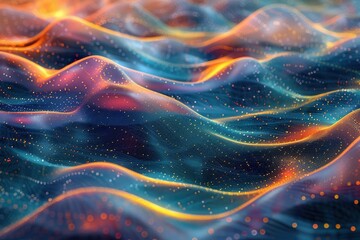 Poster - Abstract digital waveforms in vibrant colors creating a futuristic and dynamic visual pattern with glowing particles and fluid motion.
