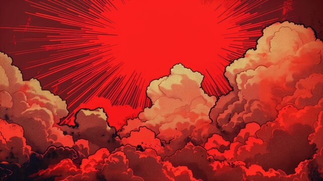 Bold red clouds with comic book style outlines and shading, adding a fun element to the background