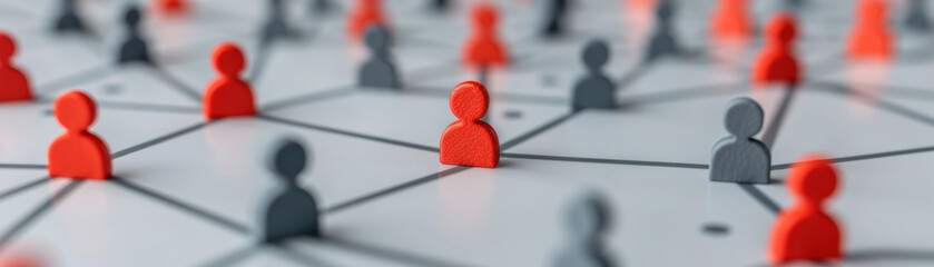 Poster - Connected group of red and grey figures on a network. Concept of collaboration, communication, and networking in a digital society.