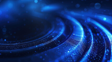 Poster - Abstract blue and black background featuring swirling light trails and sparkling particles, ideal for technology, digital art, and futuristic designs.