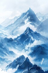 Poster - Majestic snowy mountains in a serene winter landscape. Blue hues dominate the tranquil scene, evoking peace and winter beauty.