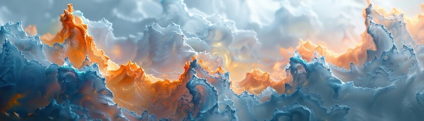 Poster - Abstract digital artwork featuring surreal clouds in blue and orange hues, merging to create a dynamic, otherworldly landscape.
