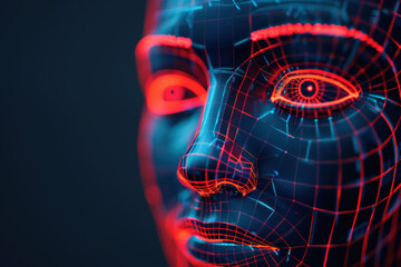 Poster - Close-up of a digital wireframe face illuminated by glowing red and blue lights, representing futuristic technology and artificial intelligence.