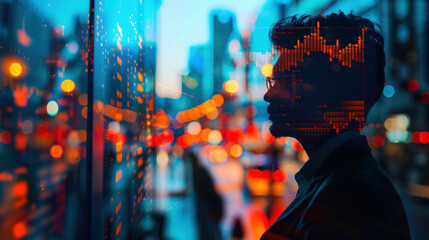 Poster - Silhouette of man with financial data visualization overlay, cityscape with bokeh lights, symbolizes modern business and technology trends.