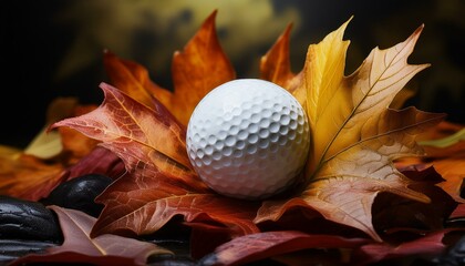 Wall Mural - autumn leaves on a black background, black and white leaf, autumn leaves background, golf ball on the grass, golf ball on autumn leaves close up shot