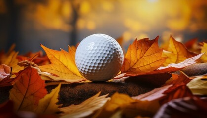 Wall Mural - autumn leaves on a black background, black and white leaf, autumn leaves background, golf ball on the grass, golf ball on autumn leaves close up shot