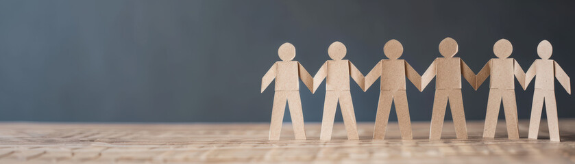 Poster - Wooden human figures holding hands in unity on a wooden surface, symbolizing teamwork, community, and cooperation against a gray background.