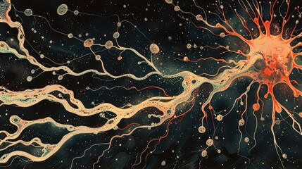 Abstract neuroscience illustration featuring interconnected neurons with vibrant colors and intricate details against a dark background.