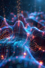 Poster - abstract digital landscape with glowing lights and particle flow, illustrating futuristic technology